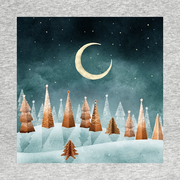 Magic winter forest watercolor illustration. Gingerbread Christmas trees winter landscape. Fantasy Candy world moonlight scenery. Cookie trees by likapix